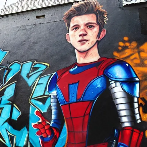 Prompt: Tom Holland wearing knights armour. Grafitti mural