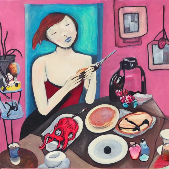 Image similar to a self - portrait in a female artist's bedroom, depressed emo girl eating pancakes, berries, surgical supplies, handmade pottery, flowers, sensual, octopus, neo - expressionism, surrealism, acrylic and spray paint and oilstick on canvas