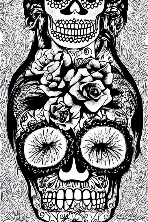 Prompt: Illustration of a sugar skull day of the dead girl, art by m c escher