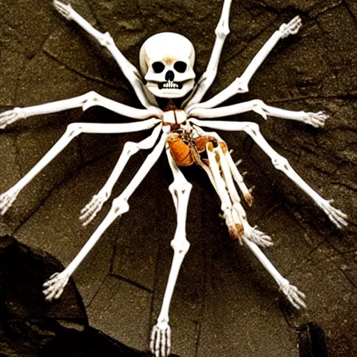 Image similar to human skeleton mounting a giant spider, on top of a spider, riding a spider, inside of a cave