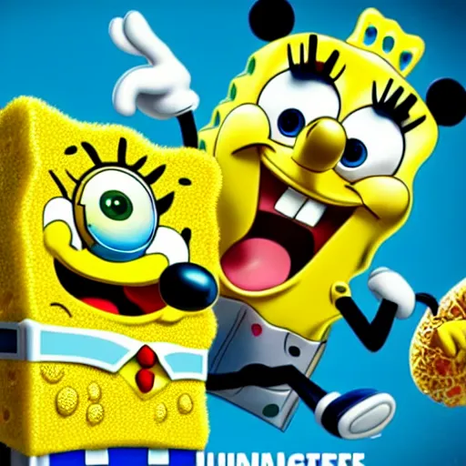 Image similar to movie poster with Spongebob and Mickey Mouse in it,Unreal Engine 5,4k quality
