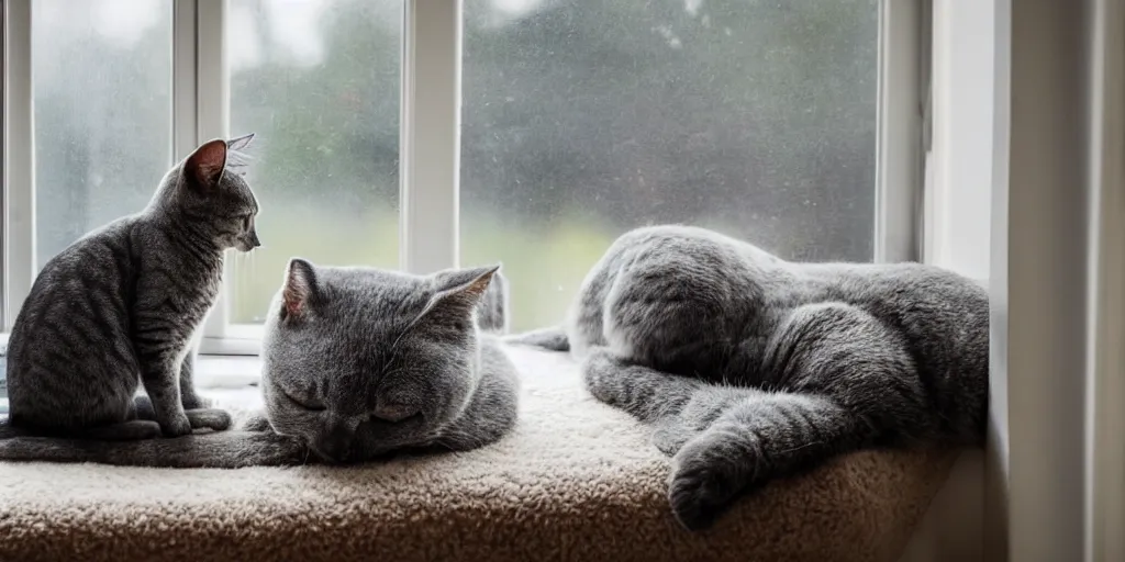 Prompt: a grey cat sleeping by the window in the sunlight, afternoon sun, small room with one chair and a rug