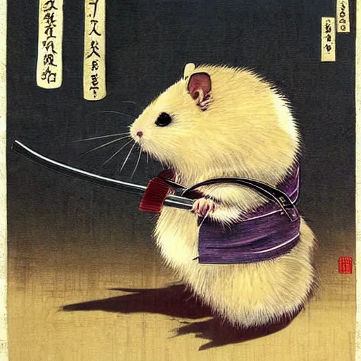 Image similar to japanese hamster samurai. with katana. anime art. old painting. sacura forest