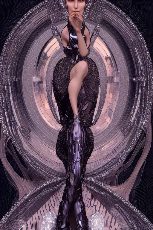 Image similar to a highly detailed 4 k render of a beautiful dmt alien goddess bella hadid in iris van herpen dress schiaparelli in diamonds in style of alphonse mucha trending on artstation made in unreal engine 4