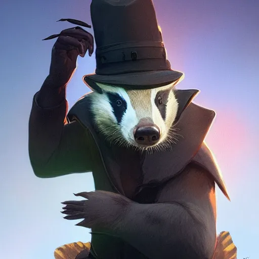 Prompt: a badger with a hat, centered full body pose, zenith angle, shadowy area, dramatic lighting, concept art, digital painting, Unreal Engine 5, 8K, art by artgerm and Greg Rutkowski and Alphonse Mucha