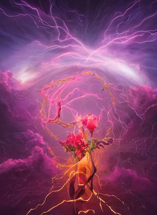 Prompt: An epic fantastic realism comic book style painting of the most beautiful entwined flowers launched across the dark galactic night sky, nebulous bouquets, fisheye, lightning creating life, unreal 5, DAZ, hyperrealistic, octane render, dynamic lighting