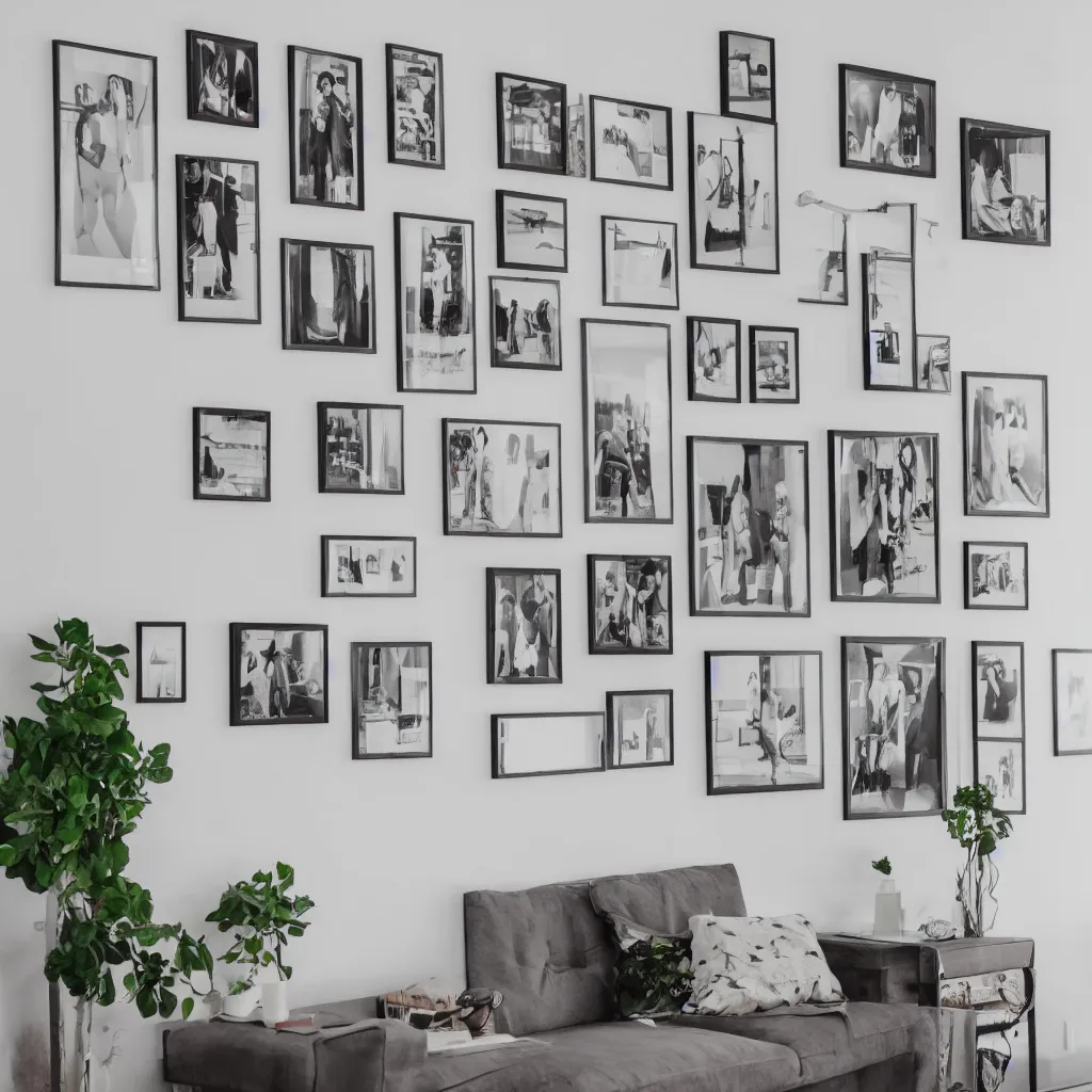 Prompt: three square picture frames on a white wall