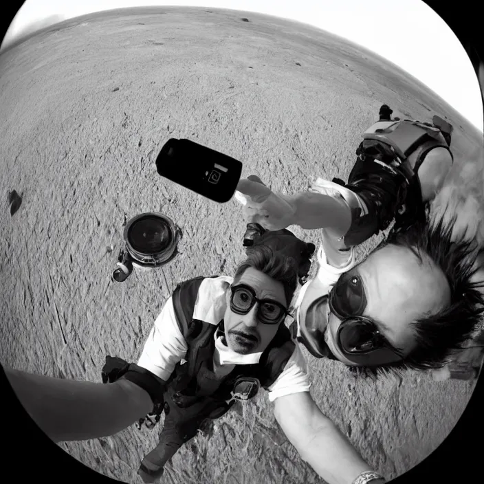 Image similar to robert downey jr eating a delicious hot dog on the moon, gopro selfie with a fisheye lens