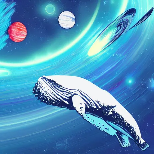 Prompt: humpback whale traveling between planets, digital art