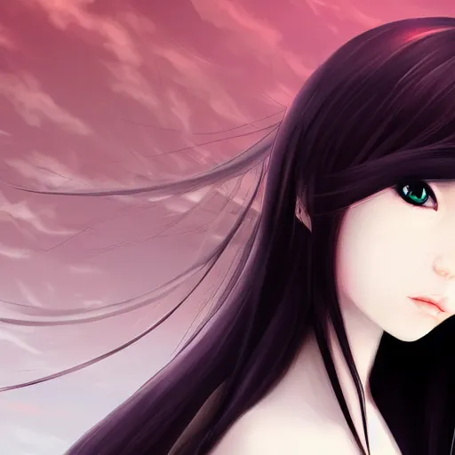 Image similar to professional anime digital art of a beatiful girl with long black hair; red eyes; face portrait; beautiful, appealing face, trending art