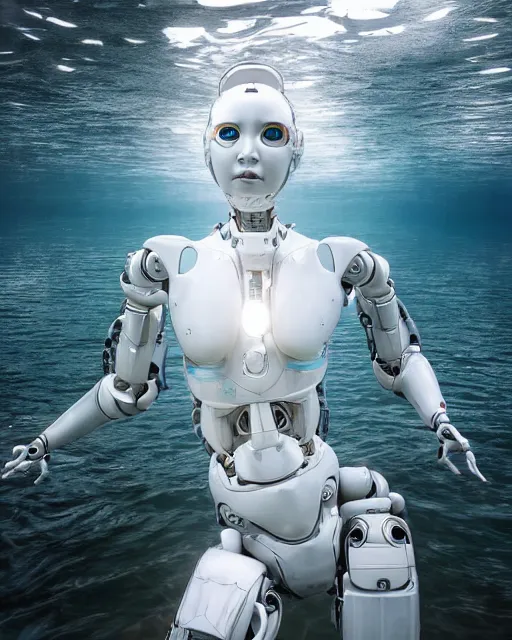 Prompt: beautiful centered fine art photo portrait of hoyeon jung as a solarpunk robotic humanoid, half body above water, white mechanical parts with bright halogen lights, ultra - realistic and detailed, white background, natural lighting, soft focus, slow exposure hdr 8 k