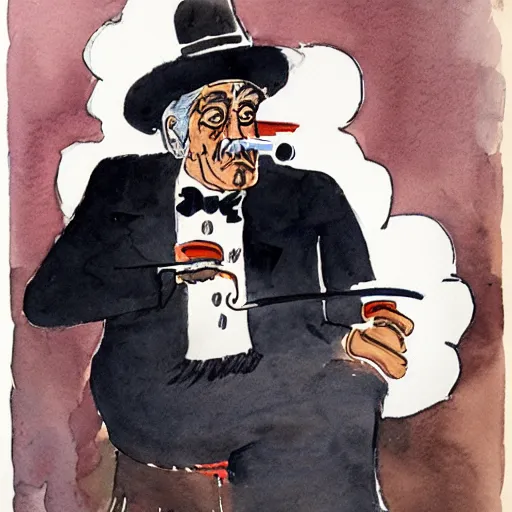 Prompt: portrait of old gray - haired smart mexican magician smoking a pipe, lots of smoke. watercolor with pancil by hugo pratt.