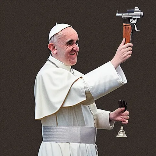 Image similar to the pope holding a golden revolver, photorealistic, ultra detailed, high resolution, 8 k