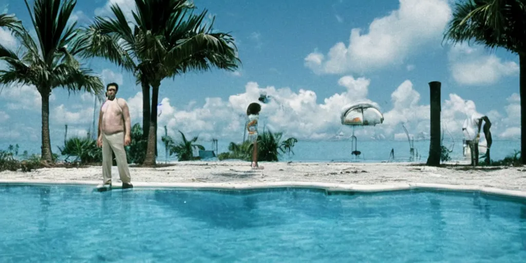 Image similar to wide shot of John Turturro standing in a surreal defunct florida keys abandoned resort with palm trees around a pool, a surreal vaporwave liminal space, 1970s thriller, color kodak Kubrick film, anamorphic lenses