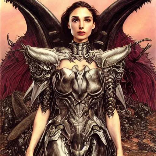 Image similar to head and shoulders portrait of an armored erinyes devil with huge bat wings, portrayed by gal gadot, d & d, fantasy, luis royo, magali villeneuve, donato giancola, wlop, krenz cushart, hans zatka, klimt, alphonse mucha