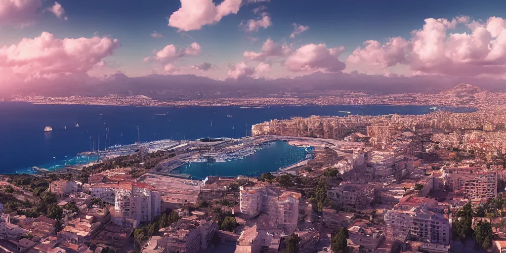 Image similar to panoramic view of palma de mallorca bay in cyberpunk style, realism, 4 k, octane render, award winning photograph