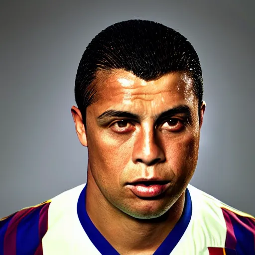 Image similar to fc barcelona, ronaldo nazario fenomeno, head and shoulders shot, portrait, photograph by martin schoeller