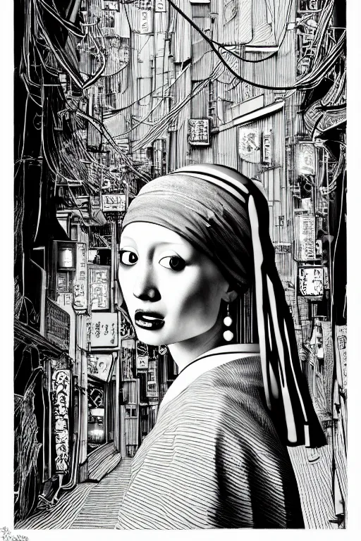 Image similar to beautiful portrait of a woman, negative no not the girl with a pearl earring, highly detailed ink illustration of a narrow neon lit tokyo alley, b & w clean shaped illustration by kim jung gi, ric estrada, ron english and eiichiro oda