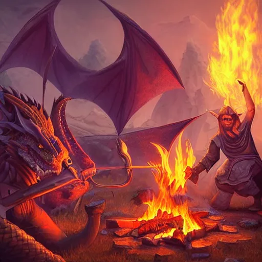 Image similar to dragons roasting kebabs near campfire, fire, magic, power metal album cover, fantasy epic legends game icon stylized digital illustration radiating a glowing aura global illumination ray tracing hdr fanart arstation by ian pesty and katarzyna da „ bek - chmiel