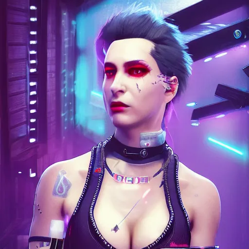 Image similar to female V from Cyberpunk 2077 wearing spiked steel choker, steel collar, steel choker, punk, steel collar, 4K, realistic, spiked collar, portrait, art, beautiful,