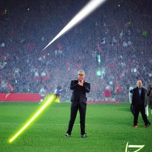 Image similar to close photograph, jose mourinho flying in the sky shooting lasers