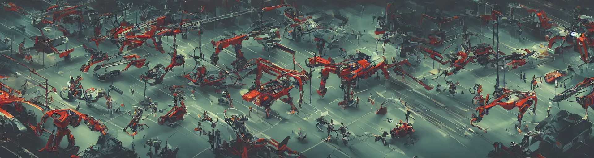 Image similar to fantastic robots fighting with each other in new zealand, dynamic scene, work in the style of simon stalenhag, 2 k