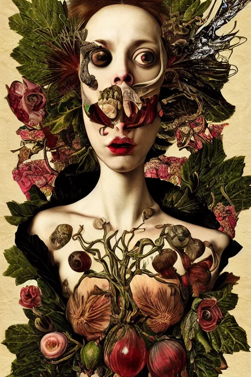 Prompt: Detailed maximalist portrait with large lips and with large, wide eyes, sad expression, extra bones, flesh, HD mixed media, 3D collage, highly detailed and intricate, surreal, botany, illustration in the style of Caravaggio, dark art, baroque