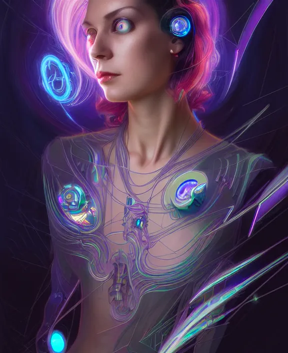 Image similar to a whirlwind of souls rushing inside the metaverse, hologram, half body, piercing, neurochip, shaved temple, jewelry, android, cyborg, cyberpunk face, by loish, d & d, fantasy, intricate, elegant, highly detailed, colorful, digital painting, artstation, concept art, art by artgerm and greg rutkowski and alphonse mucha