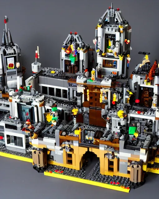 Image similar to a high quality photograph of an intricate complex lego set of a realistic cyberpunk castle