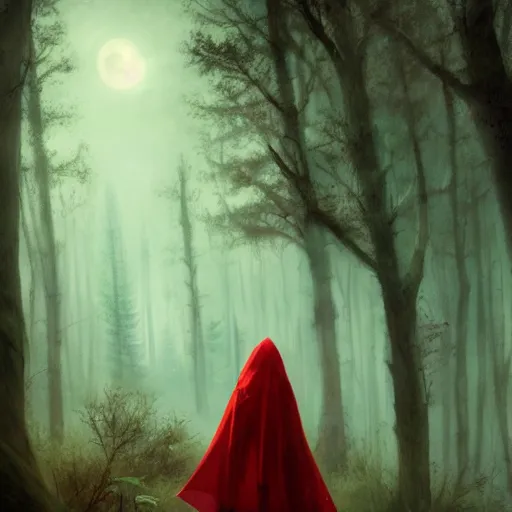 Prompt: little red riding hood on dark moonlight forest path, darkwave, darksynth, concept art, sharp, digital matte painting, art by, greg rutkowski, wlop, dramatic lighting, trending on artstation