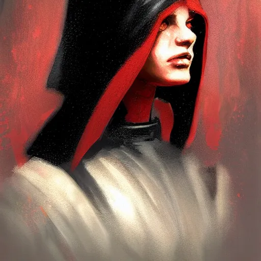 Prompt: portrait of a woman by greg rutkowski, young sith lord darth talon, red and black skin, star wars expanded universe, wearing black robes, she is about 2 0 years old, highly detailed portrait, digital painting, artstation, concept art, smooth, sharp foccus ilustration, artstation hq