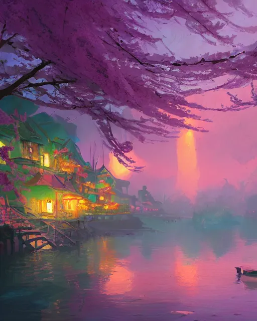 Image similar to a small fishing village on the river | cherry - blossoms | highly detailed | very intricate | serene romantic fantasy whimsical magical | professional cinematic lighting | pixar | award - winning | matte painting by anton fadeev and paul lehr and rhads and alena aenami | pastel color palette | featured on artstation