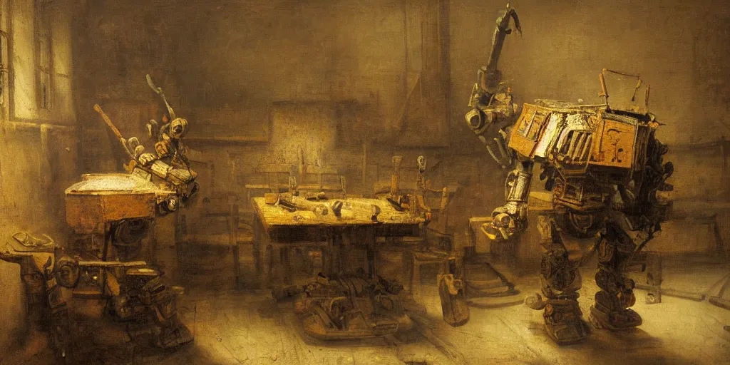 Prompt: A Rembrandt painting of a giant robot constructing furniture into its mouth, 4K, highly detailed, dark