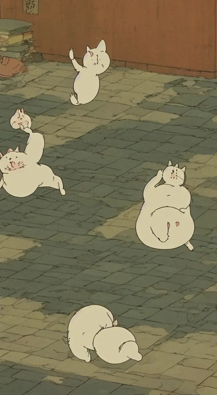 Prompt: fat cat falling from the sky, screenshot from the film by studio ghibli, trending on arstation