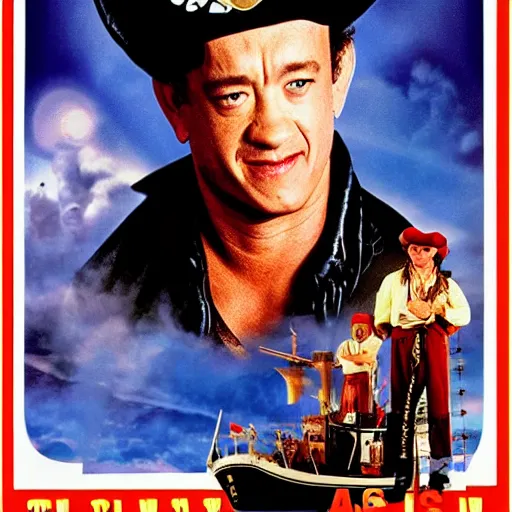 Image similar to a 8 0's movie poster with tom hanks as a pirate, the movie is called saving pirate ryan cinematic photo