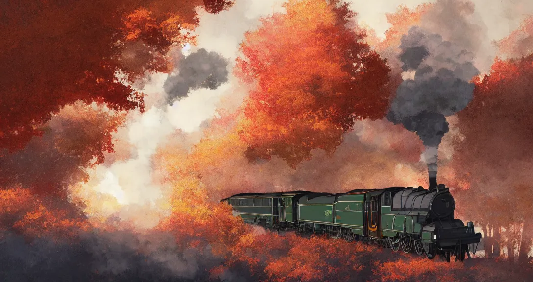 Image similar to side view of a steam train in the distance, autumn light, smoke, beautiful, by studio ghibli, by tomono yoshiyuki, digital art, concept art, smooth, sharp focus, illustration