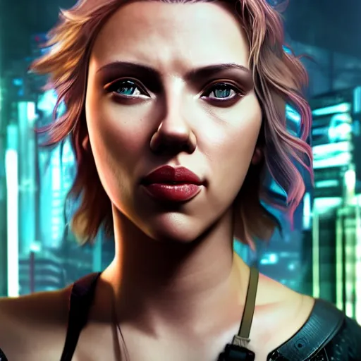 Image similar to scarlett johansson portrait, Cyberpunk 2077, cyberpsycho, photorealistic, ultra detailed, neon, octane, bokeh, cyber, cyberpunk city, feature, scars, cyberface, 8k