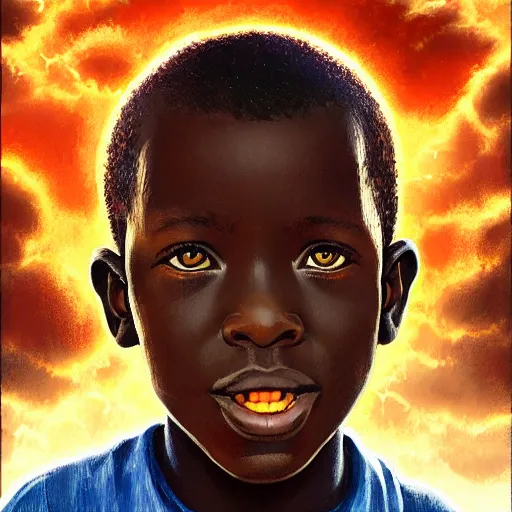 Image similar to upper half portrait of an african boy inside a group of clouds - surrounded by bolts of lightning with rays of light emanating from clouds - in drew struzan movie poster style, art by drew struzan, highly detailed, digital painting, ray tracing, illustration, smooth, sharp focus, intricate, symmetry, artstation,