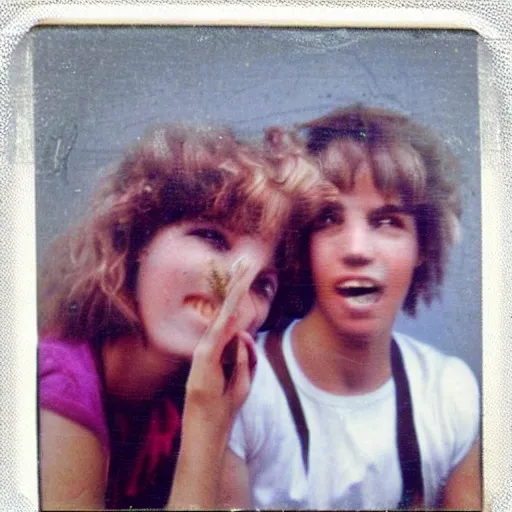 Image similar to selfie French teenagers in the 80's, flash color polaroid, detailed