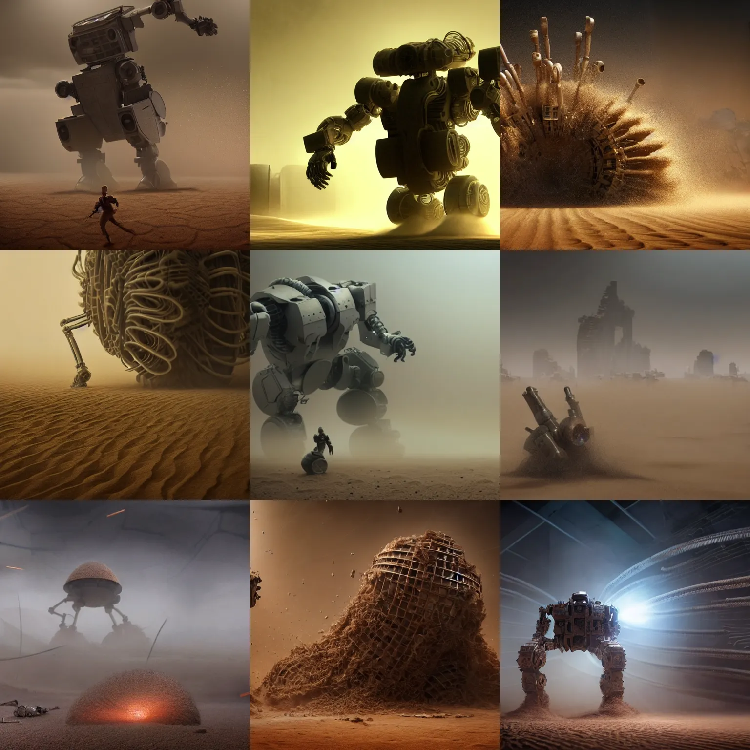 Prompt: movie still, ultra realistic, cg artwork, intense heavy thick dense sandstorm swirling, spinning, rotating, interwoven and covering a ruin slim humanoid mega mech, broken down, decomposition, disintegrating, disappearing, screw, nut, pipe, circuits, wires