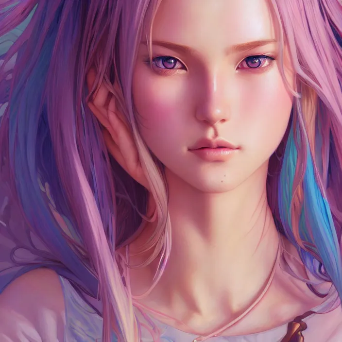 Image similar to portrait of beautiful symmetrical anime girl, rainbow hair, attractive, casual, modern, victoria's secret, highly detailed, digital painting, artstation, concept art, smooth, sharp focus, illustration, art by moebius artgerm, greg rutkowski and alphonse mucha, 8 k,