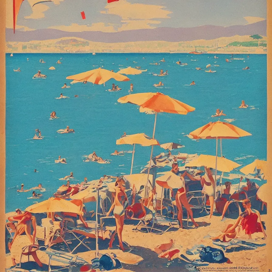 Prompt: “a vintage French tourism poster of robots sunbathing on a beach next to the ocean in st Tropez ”