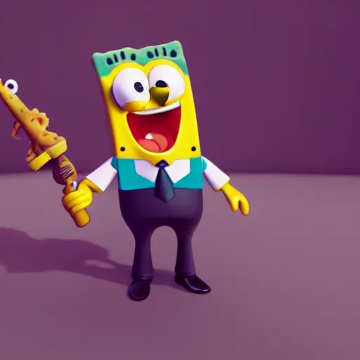 Image similar to cute spongebob in a suit while holding a gun, cartoon, digital art, 3 d rendered in octane, pixar character, blender, maya, shadows, lighting depth of view