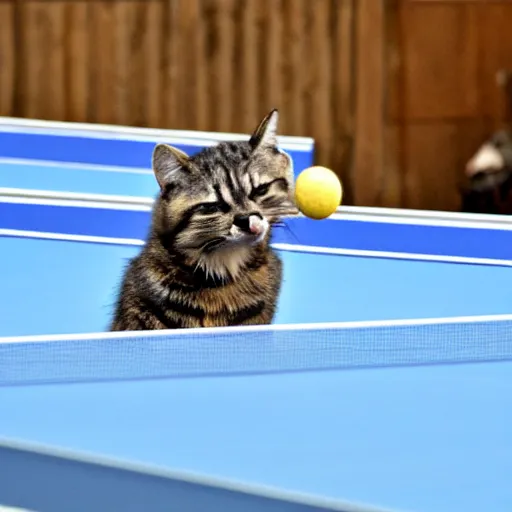 Prompt: a cat playing table tennis against a racoon