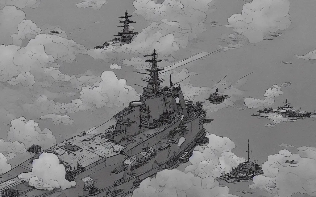 Image similar to japanese battleship yamato flying between the clouds, in the style of james jean and laurie greasley, dynamic composition, dramatic lighting, ultra detailed