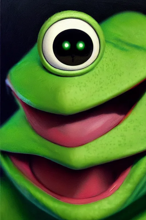 Image similar to a beautiful oil painting hyperrealism of a happy smiling kermit the frog head, green bulging eyes, rotten green skin, grey beard, blue veins, skull bones, moody lighting, 8 k resolution, octane render, trending on artstation, by h. r. giger and greg rutkowski