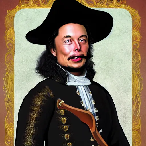 Prompt: elon musk as a musketeer, he has a big black hat and holds a shiny sword, digital art