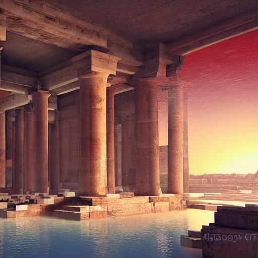 Image similar to ancient egypts interior with waterfalls, digital art, retrowave