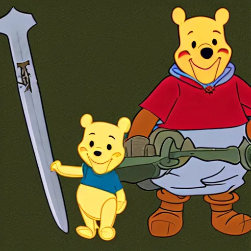 Image similar to Winnie the Pooh holding a giant sword, hd, intricate, Kingdom Hearts, 8k, digital art