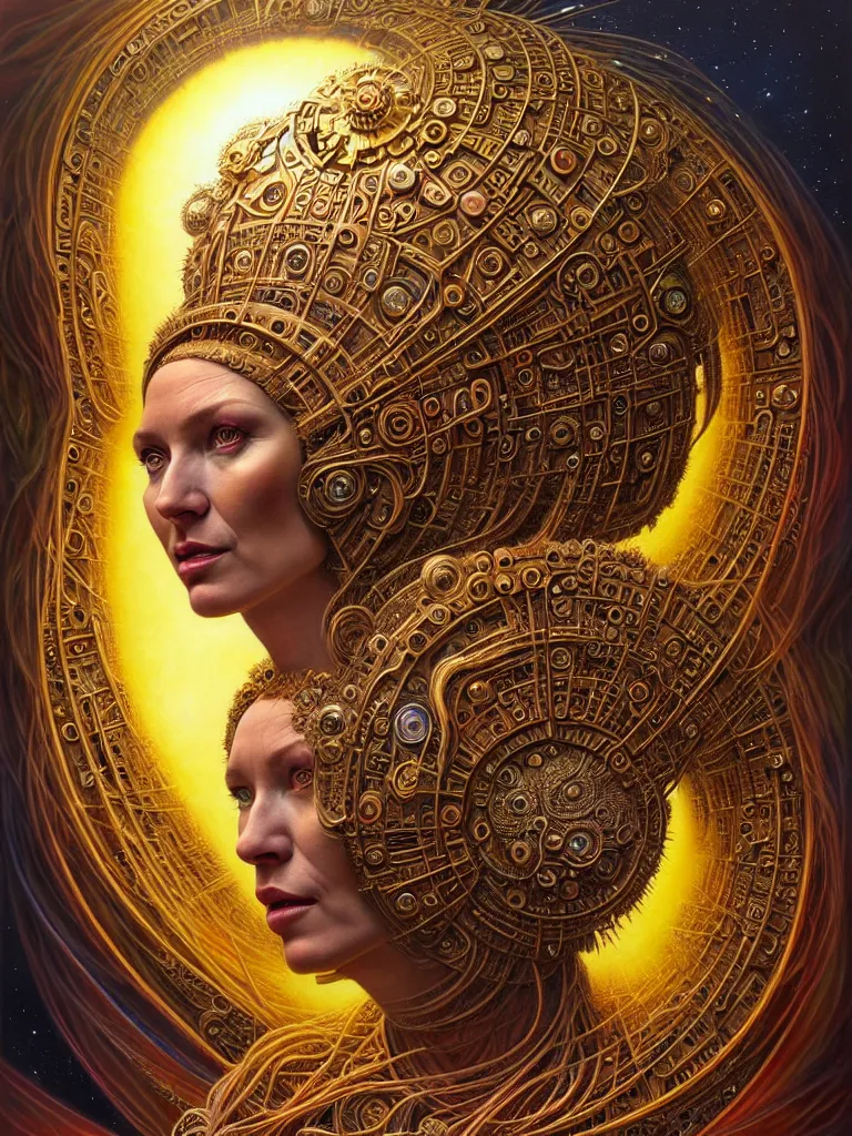 Prompt: hyper-realistic fullbody portrait. very complex hyper-maximalist overdetailed cinematic cosmic scifi portrait of an elegant very attractive sun goddess mother of the universe by andrei riabovitchev, tomasz alen kopera, oleksandra shchaslyva and peter morbacher. Extremely ornated and decorative. Fancy luxury beautiful. Omnious intricate. Secessionist portrait illustration. Goddess of the sky. Focus on face. Artstation. Deviantart. 8k 4k 64megapixel. Rendered by binx.ly.